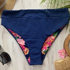 Women’s Navy Blue Floral-Trim Bikini Bottom